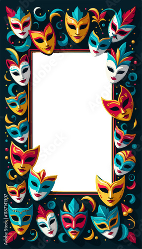 Decorative Masquerade Border with Ornate Masks