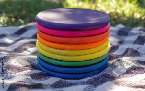 A stack of frisbees in various bright colors resting on a picnic blanket