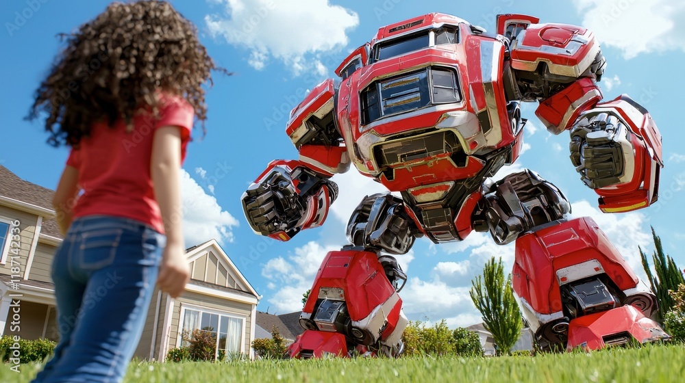 Naklejka premium A young girl stands in awe as she gazes up at a large, red robot in a sunny neighborhood setting.