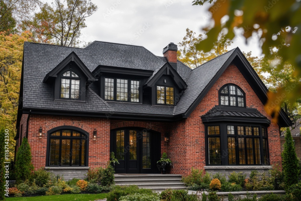 A charming red brick house featuring graceful architecture sits in a picturesque neighborhood, surrounded by a lush garden adorned with vibrant autumn foliage A charming red brick house featuring graceful architecture sits in a picturesque neighborhood, surrounded by a lush garden adorned with vibrant autumn foliage