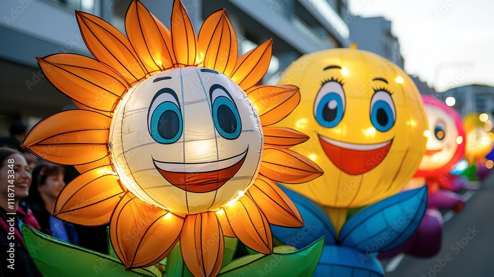 Fototapeta premium Colorful lanterns featuring cheerful flower and sun characters light up a festive parade, creating a joyful atmosphere.