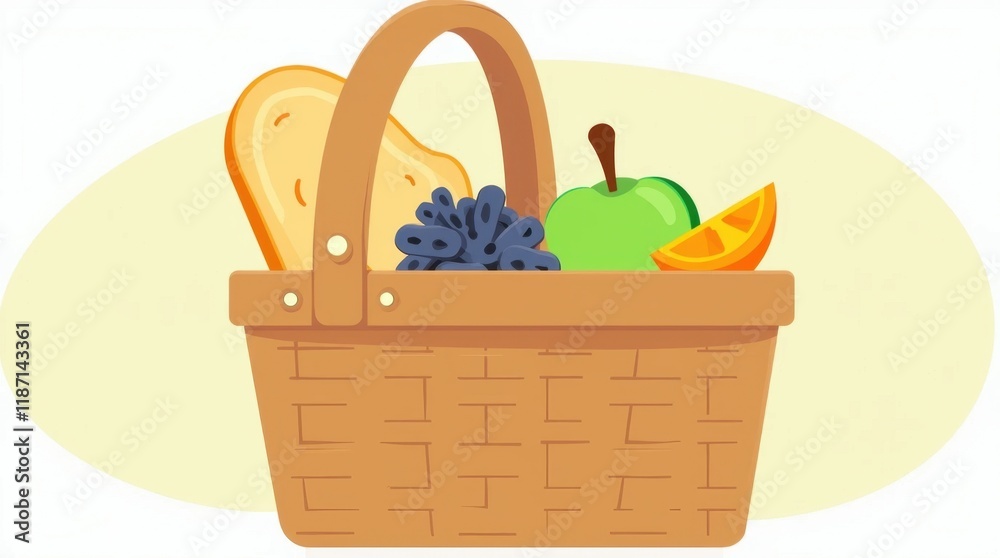 Picnic Basket Icon with Fruits and Bread Picnic Basket Icon with Fruits and Bread