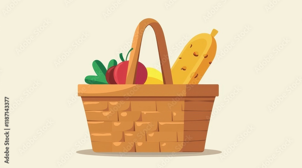 Picnic Basket Icon with Fruits and Bread Picnic Basket Icon with Fruits and Bread