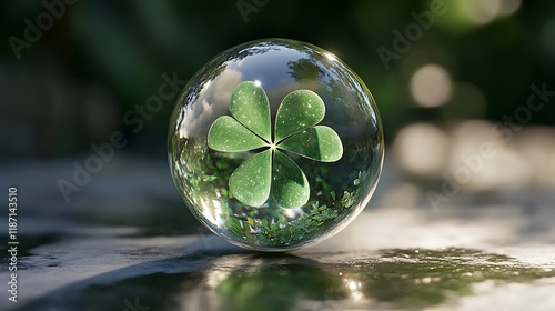 A polished ball featuring a central clover leaf softly glowing