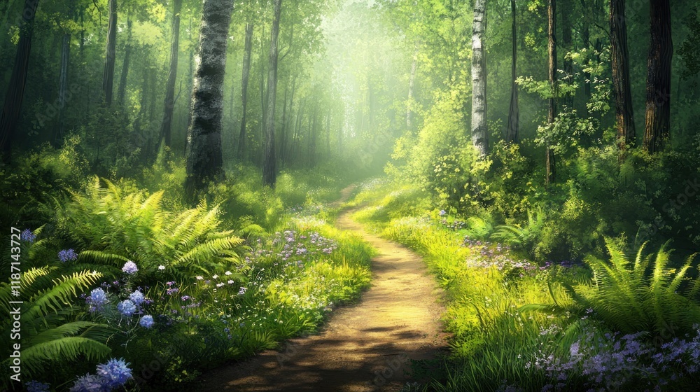 Obraz premium Sunlit path winding through a lush green forest with wildflowers and ferns.