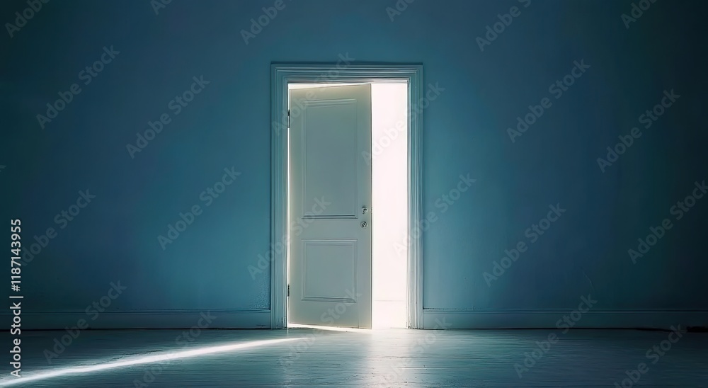 A white door with light shining through, the door open in the middle of an empty room with blue walls A white door with light shining through, the door open in the middle of an empty room with blue walls