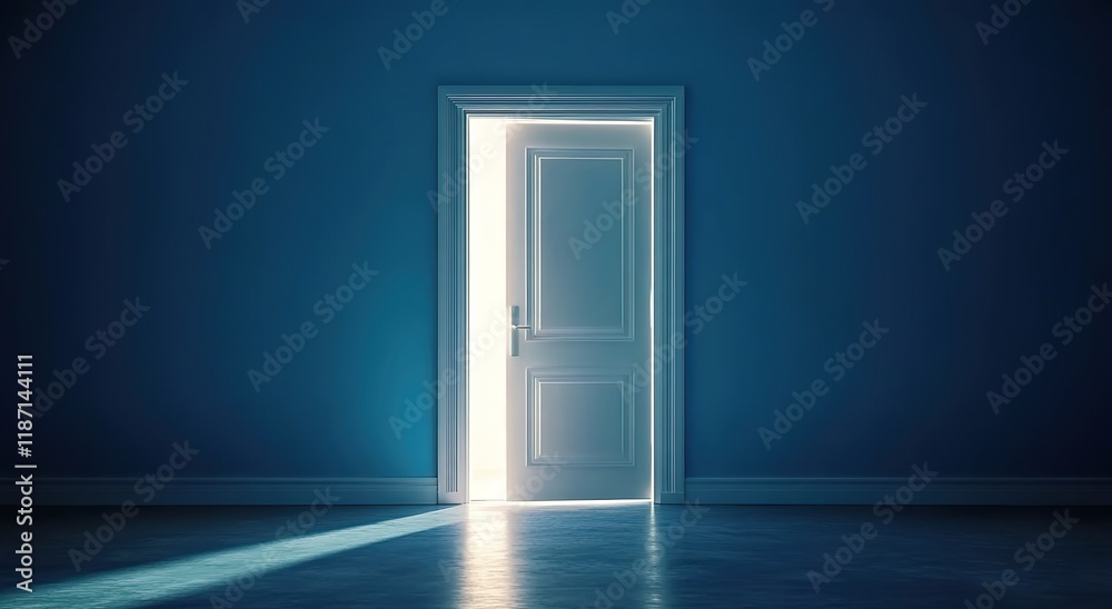 A white door with light shining through, the door open in the middle of an empty room with blue walls A white door with light shining through, the door open in the middle of an empty room with blue walls