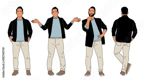 Set of casual Businessman character in different poses. Handsome man standing front, side, rear view. Vector outline colored illustration isolated on transparent background.