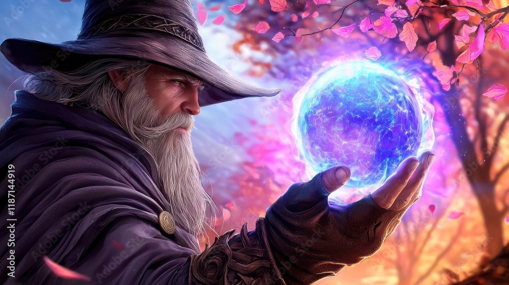 Obraz premium A mystical wizard holds a glowing orb amidst a vibrant landscape filled with colorful foliage.