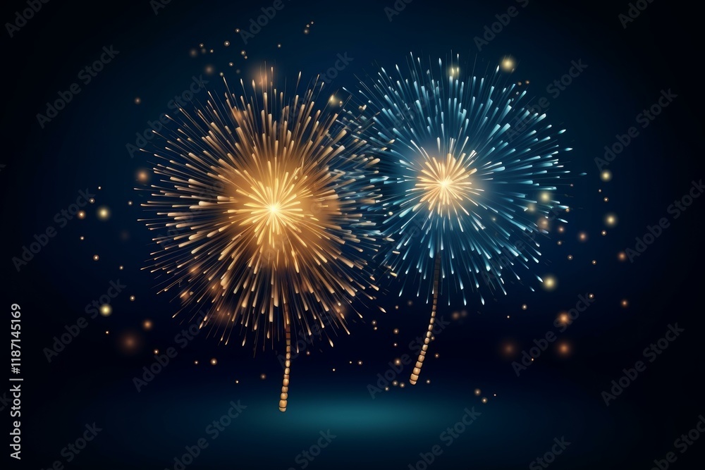 Fototapeta premium Golden and blue fireworks exploding against a dark blue night sky, creating a festive and celebratory atmosphere