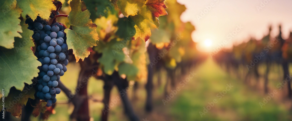 Naklejka premium Vineyard In Fall Harvest With Ripe Grapes At Sunset