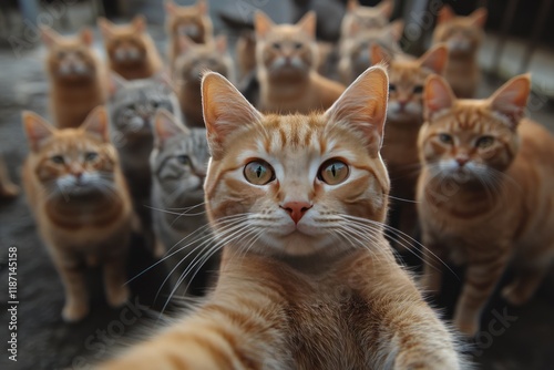 Orange tabby cat taking a selfie with many cats behind. photo