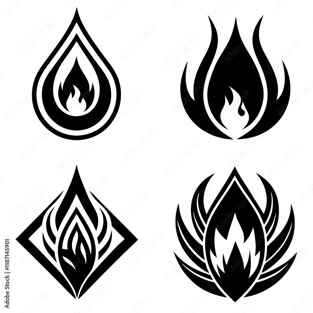 Stylized Flame Designs Set Vector Illustration in Black and White Stylized Flame Designs Set Vector Illustration in Black and White