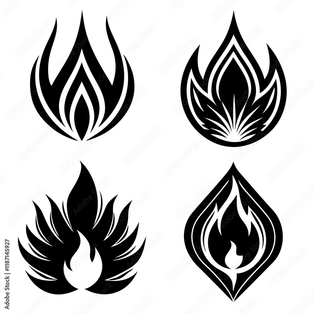 Stylized Flame Designs Set Vector Illustration in Black and White Stylized Flame Designs Set Vector Illustration in Black and White