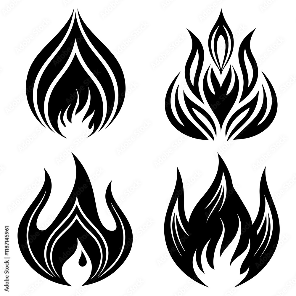 Stylized Flame Designs Set Vector Illustration in Black and White Stylized Flame Designs Set Vector Illustration in Black and White
