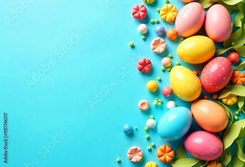 Colorful chocolate Easter eggs on blue bckground Top view Copy space photo