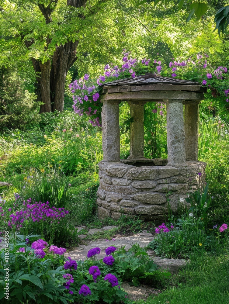 Exploring a charming stone well surrounded by vibrant flowers in a lush garden setting. Generative AI Exploring a charming stone well surrounded by vibrant flowers in a lush garden setting. Generative AI