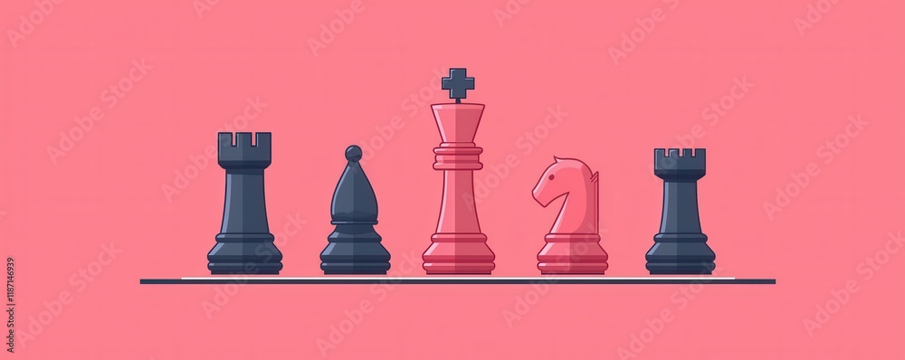 A vibrant illustration of chess pieces, featuring a pink background, showcasing a king, rook, knight, bishop, and pawn in contrasting colors.