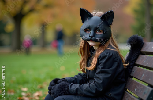 upset unhappy child girl in cat mask sits on bench in park, quadrober, of animal actions teenager.