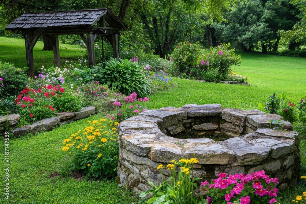 Old stone well surrounded by vibrant flowers in a lush garden during a sunny day. Generative AI Old stone well surrounded by vibrant flowers in a lush garden during a sunny day. Generative AI