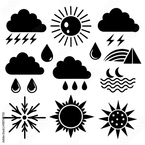 Weather Icons Set with Sun, Clouds, Rain, and Snowflakes Vector Illustration