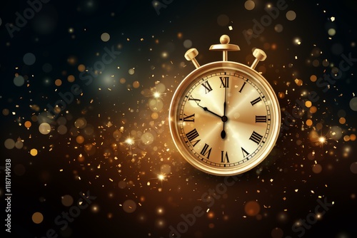 Golden stopwatch approaching midnight with falling confetti on a dark background, perfect for new year's celebrations photo