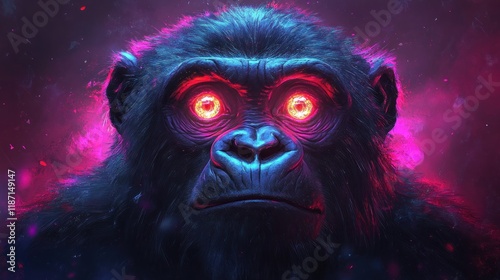 Gorilla with glowing eyes in cosmic nebula. photo