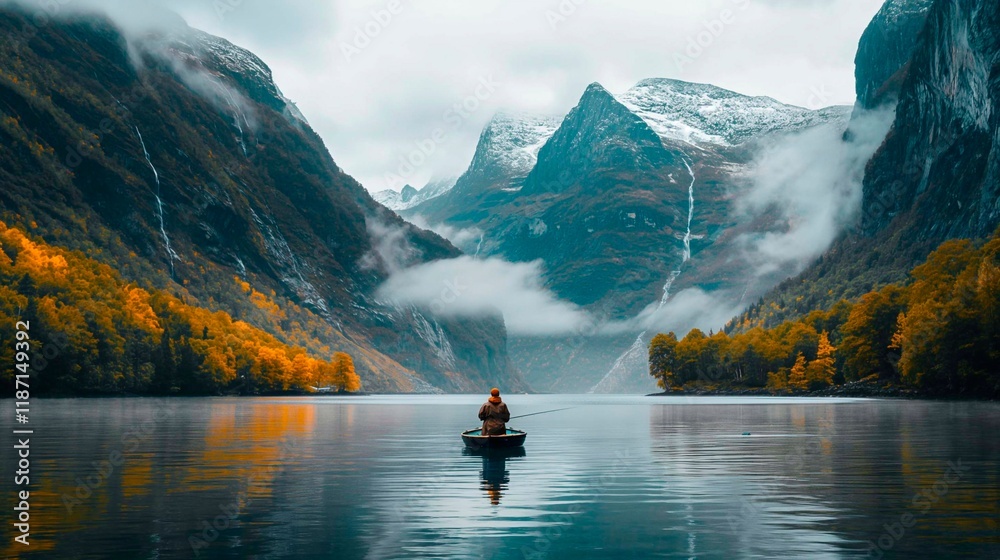 A fisherman standing on a small boat a calm lake surrounded by misty mountains A fisherman standing on a small boat a calm lake surrounded by misty mountains