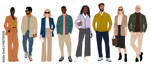 Modern business people set. Vector realistic illustrations of diverse multinational standing cartoon men and women in smart casual, formal outfits. Isolated on transparent background.