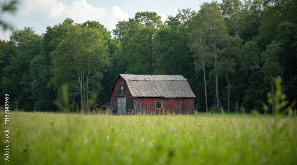 Rustic Wooden Barn in Green Meadow with Tall Trees Rustic Wooden Barn in Green Meadow with Tall Trees