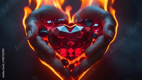 Both hands hold a red crystal heart filled with hot flames. photo