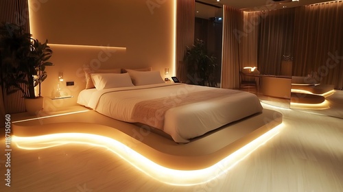 Modern bedroom with a frameless bed and integrated tech features 