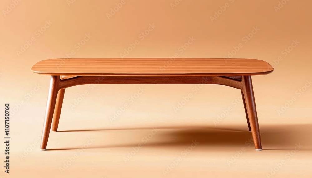 A sleek wooden coffee table with a minimalist design and elegant curves, set against a warm, neutral background. A sleek wooden coffee table with a minimalist design and elegant curves, set against a warm, neutral background.