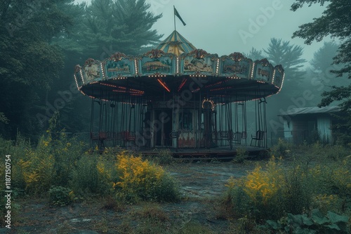 Overgrown carousel in misty forest; abandoned amusement park ride. photo