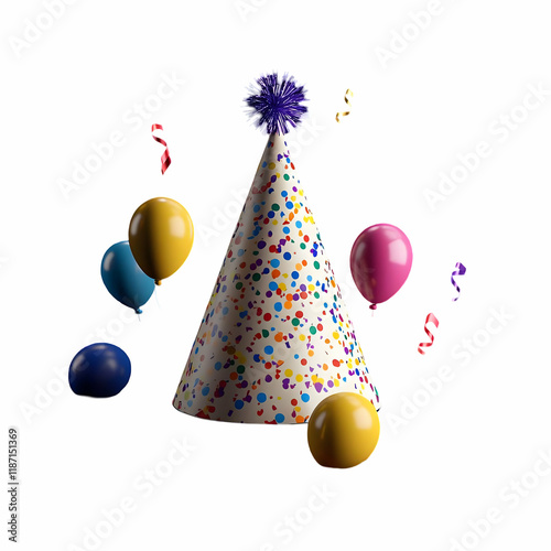 Playful 3D birthday hat with balloons and confetti, cartoon style, no shading, bold colors, isolated against a black background for a festive design.