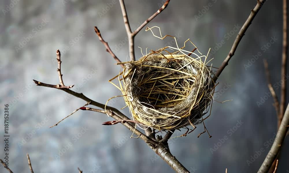 Empty bird nest on bare tree branches against gray background