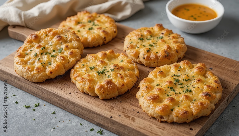 Freshly baked golden brown bread topped with melted cheese and sprinkled with chopped parsley. The simple composition highlights the appetizing warmth and rustic charm of the dish. Freshly baked golden brown bread topped with melted cheese and sprinkled with chopped parsley. The simple composition highlights the appetizing warmth and rustic charm of the dish.