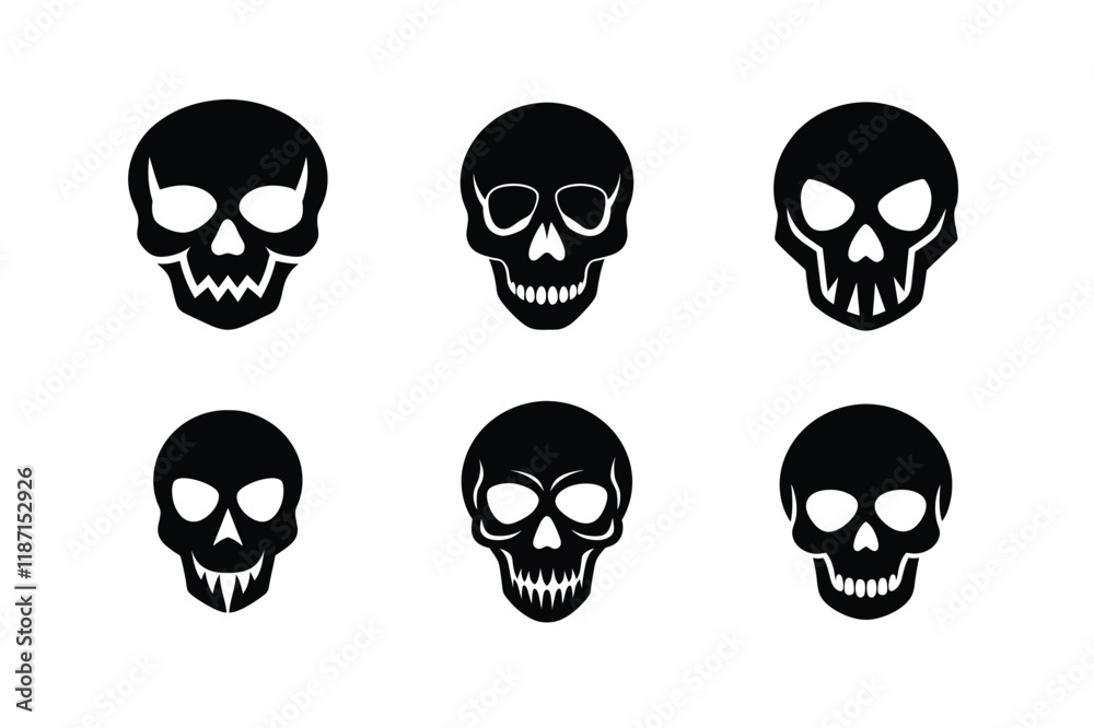 Set of Skull Icon Silhouette on White Background Set of Skull Icon Silhouette on White Background