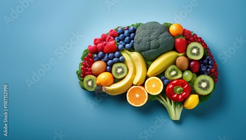 Colorful fruits and vegetables shaped like a brain for a concept of food and intelligence photo