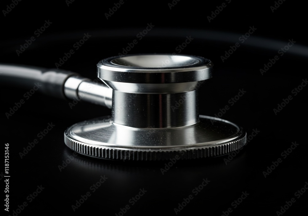 A high-quality close-up shot of a shiny, metallic stethoscope against a pure black background A high-quality close-up shot of a shiny, metallic stethoscope against a pure black background