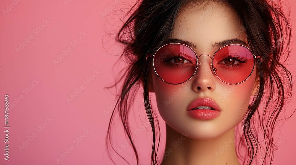 Close-up portrait of a young woman with red sunglasses against a pink background. Close-up portrait of a young woman with red sunglasses against a pink background.