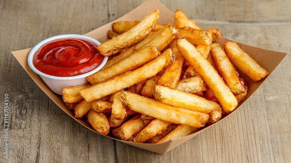 A delicious serving of golden French fries with a side of ketchup, served in a paper tray on a rustic wooden table. A delicious serving of golden French fries with a side of ketchup, served in a paper tray on a rustic wooden table.