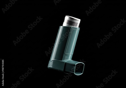 Close-up of a teal-colored inhaler against a pure black background