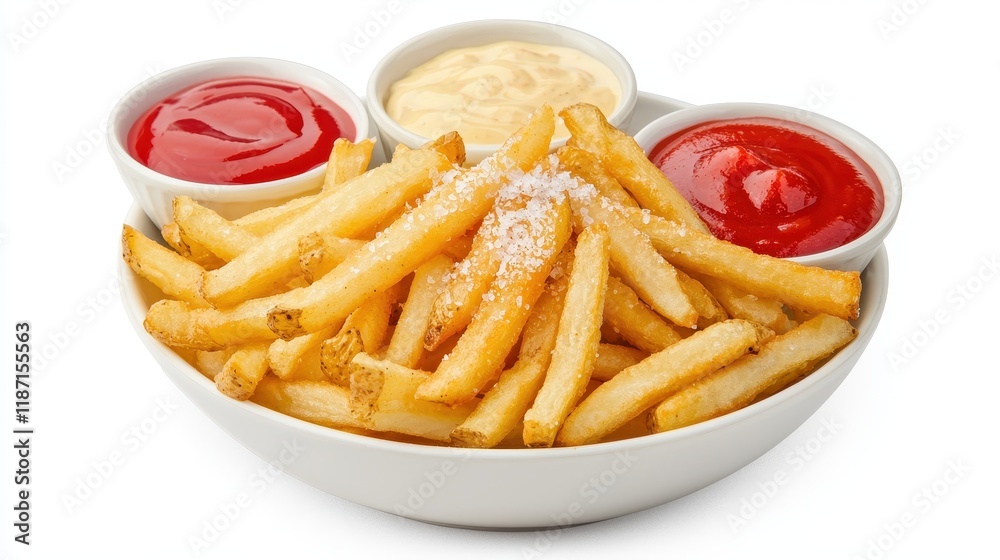 A bowl of crispy French fries served with ketchup and mayonnaise, perfect for snacking or sharing. A bowl of crispy French fries served with ketchup and mayonnaise, perfect for snacking or sharing.