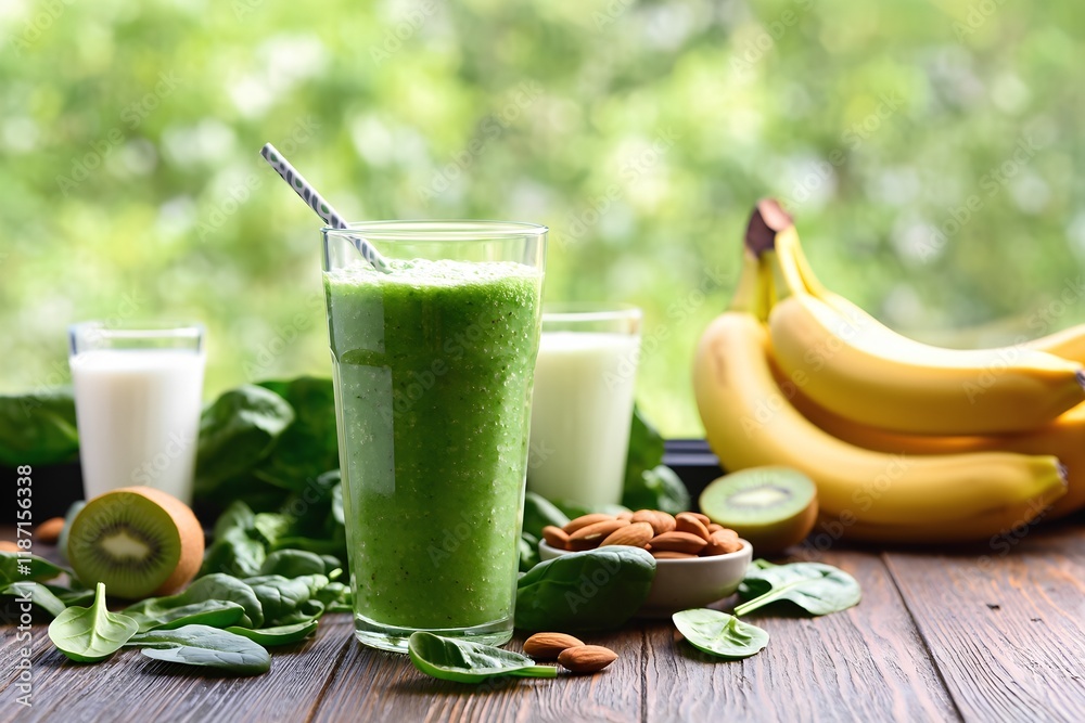 Refreshing green smoothie prepared with fresh fruits and vegetables in a bright kitchen setting Refreshing green smoothie prepared with fresh fruits and vegetables in a bright kitchen setting
