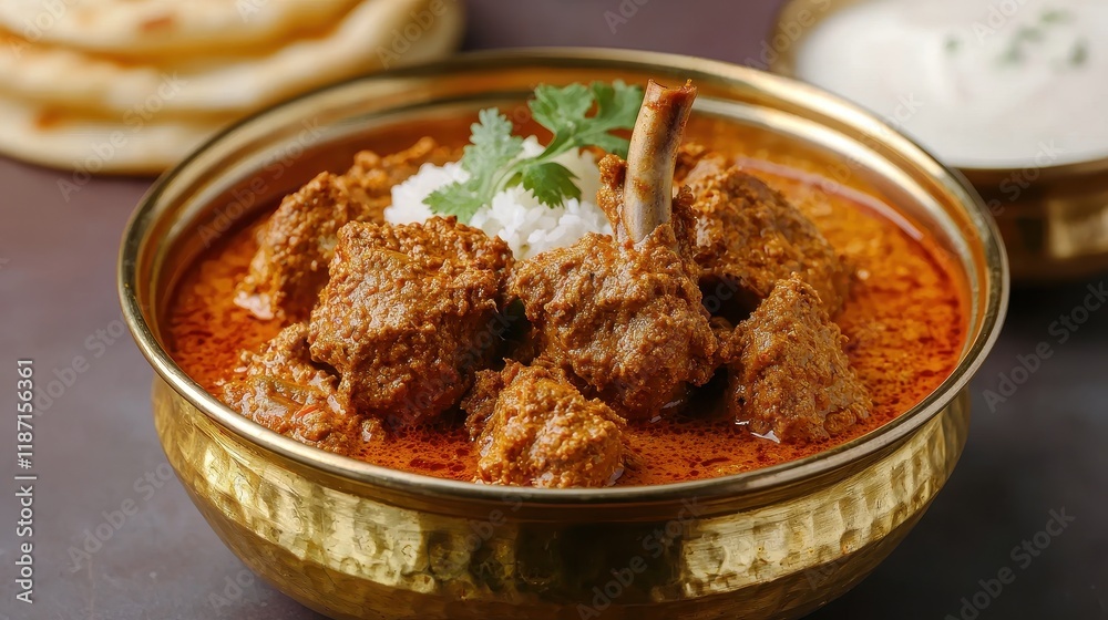 A flavorful dish featuring tender meat in a rich, spiced sauce, garnished with herbs, served with flatbreads and yogurt. A flavorful dish featuring tender meat in a rich, spiced sauce, garnished with herbs, served with flatbreads and yogurt.