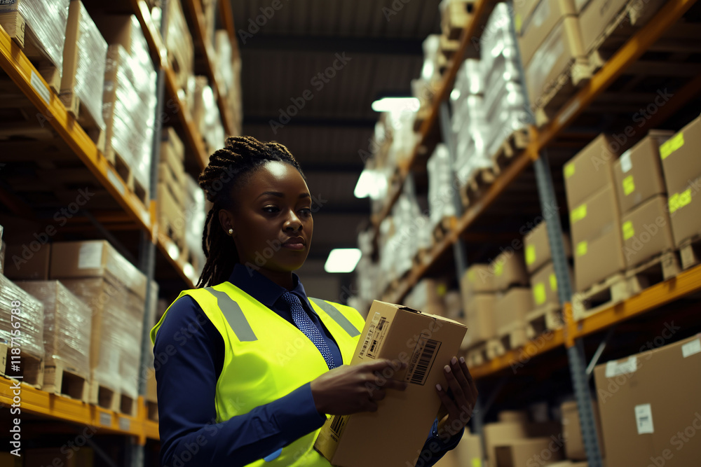 Black woman working in a logistics warehouse surrounded by shelves full of packages. Concept of logistics industry, online commerce, and the role of women in the workforce. Black woman working in a logistics warehouse surrounded by shelves full of packages. Concept of logistics industry, online commerce, and the role of women in the workforce.