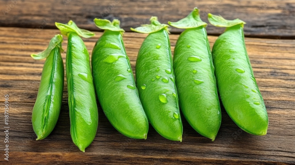 Fresh Green Sugar Snap Peas on Wooden Surface Fresh Green Sugar Snap Peas on Wooden Surface