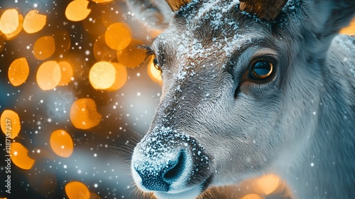 A close-up of a reindeera??s face, showcasing its gentle eyes and snowy fur, with Christmas lights softly glowing in the background, photo