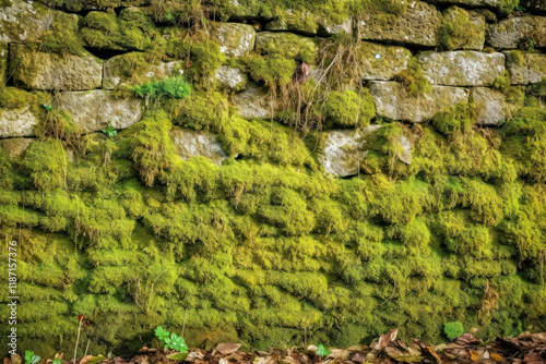 Wall covered in green moss. photo